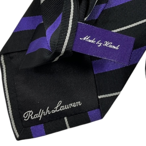 RALPH LAUREN PURPLE LABEL Black/Purple Striped Silk LUXURY Tie HANDMADE ITALY - Picture 5 of 6